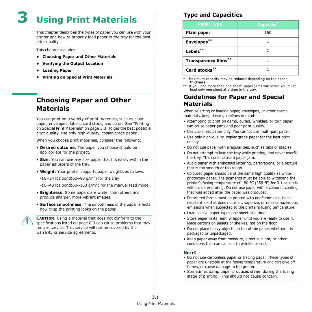 Xerox 6110 manual Using Print Materials, Choosing Paper and Other Materials, Type and Capacities 