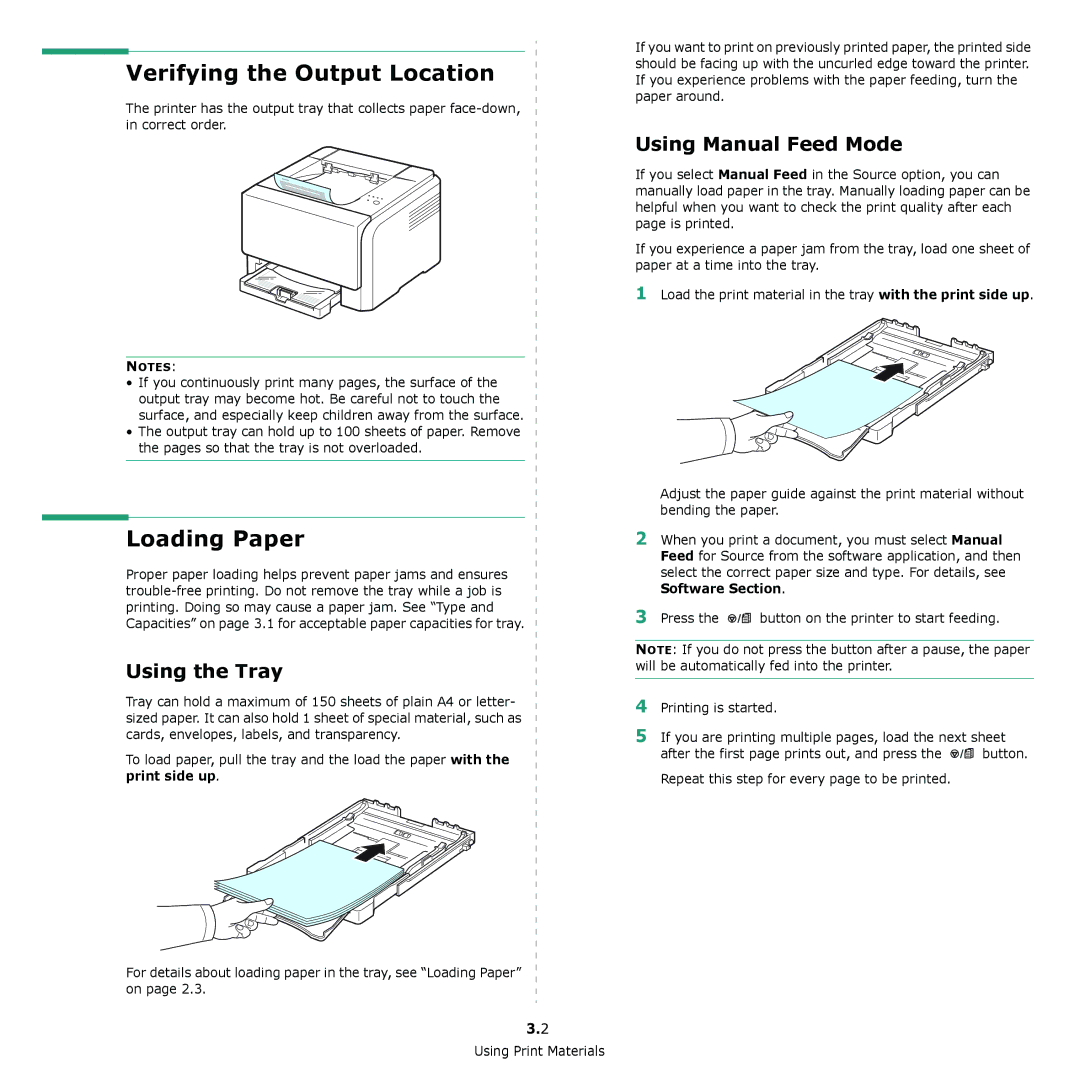 Xerox 6110 manual Verifying the Output Location, Using the Tray, Using Manual Feed Mode 