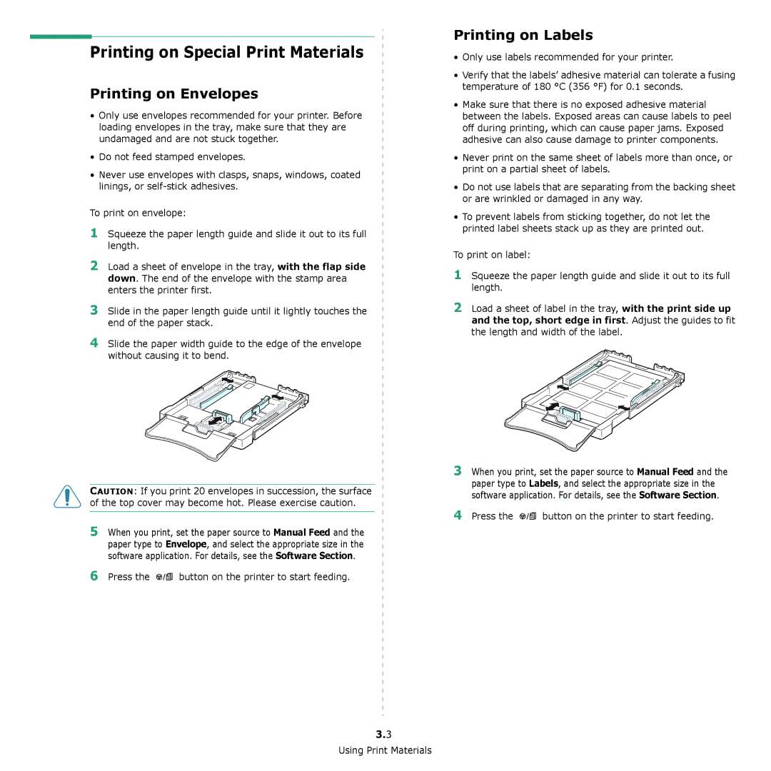 Xerox 6110 manual Printing on Special Print Materials, Printing on Envelopes, Printing on Labels 