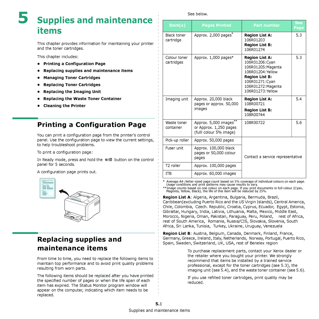 Xerox 6110 manual Supplies and maintenance items, Printing a Configuration, Replacing supplies and maintenance items 