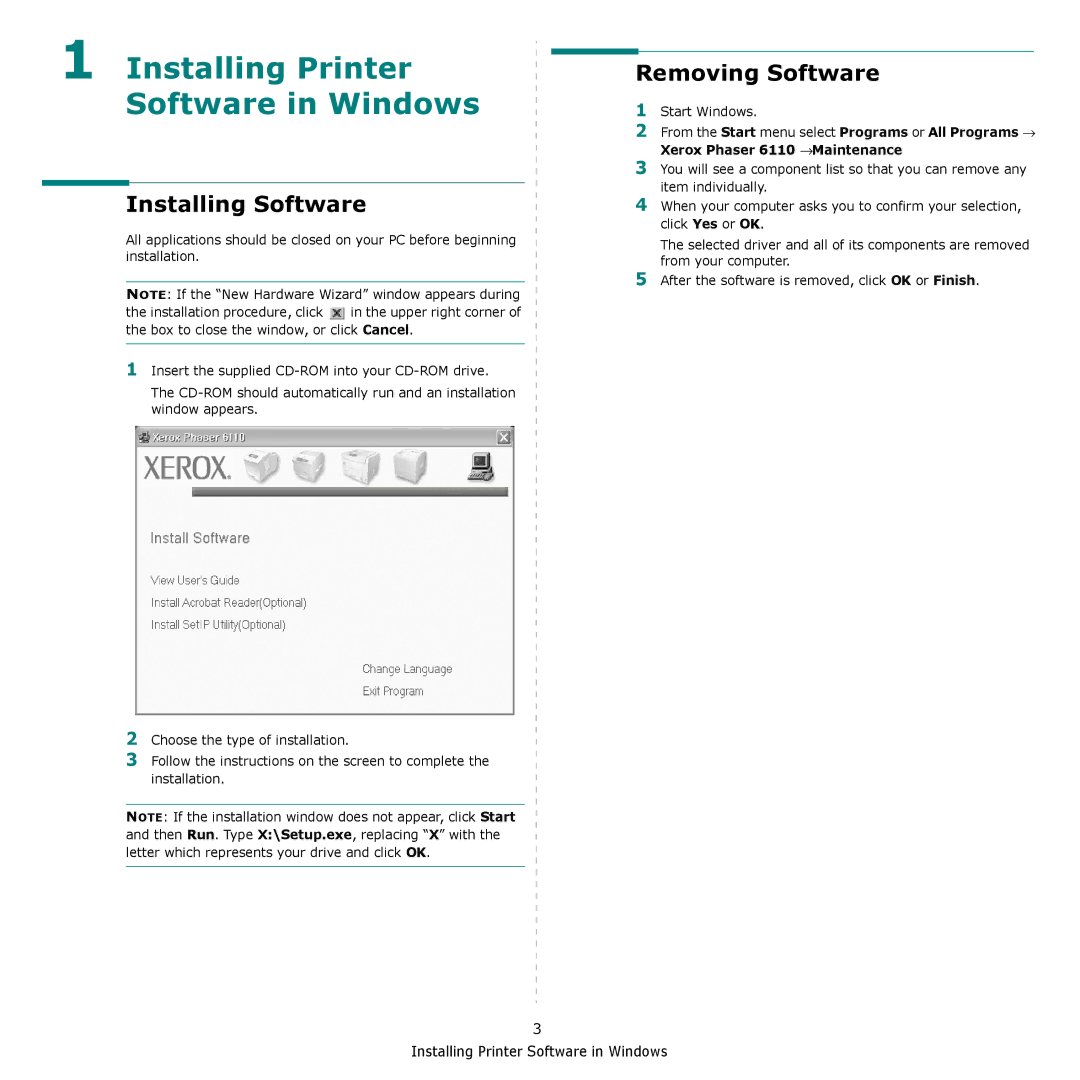 Xerox 6110 manual Installing Printer Software in Windows, Installing Software, Removing Software 