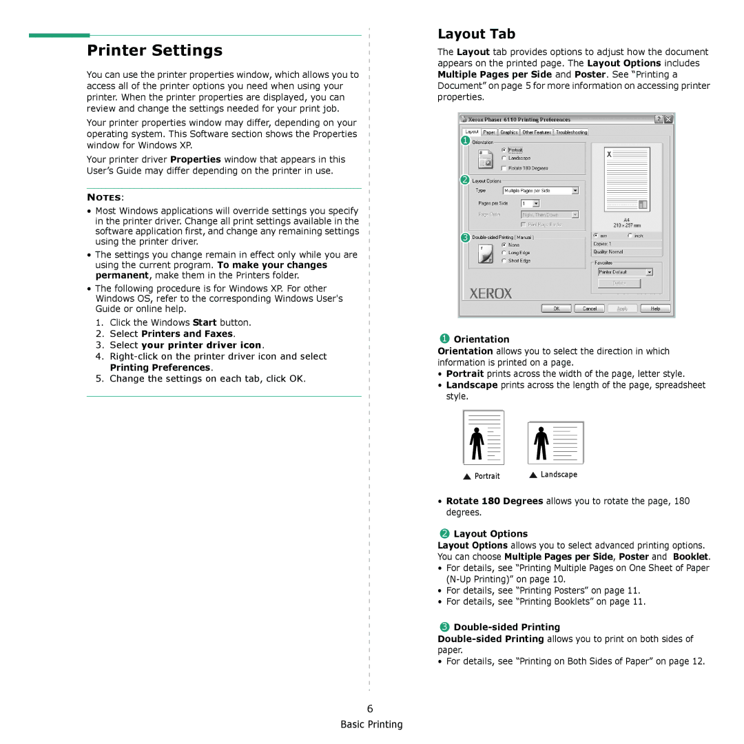 Xerox 6110 manual Printer Settings, Layout Tab 