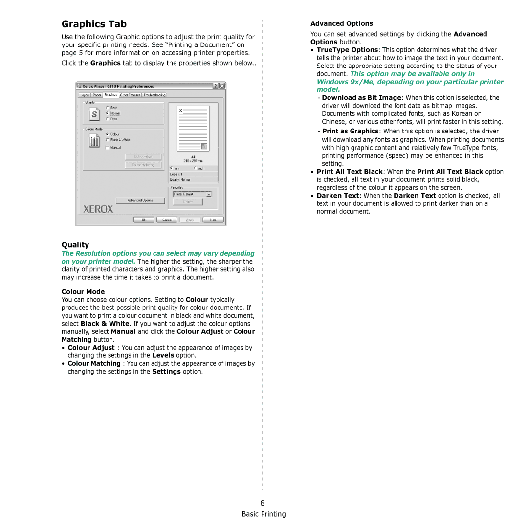 Xerox 6110 manual Graphics Tab, Quality, Colour Mode, Advanced Options 