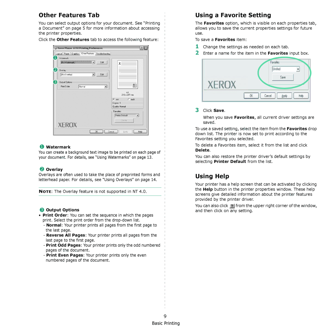 Xerox 6110 manual Other Features Tab, Using a Favorite Setting, Using Help 