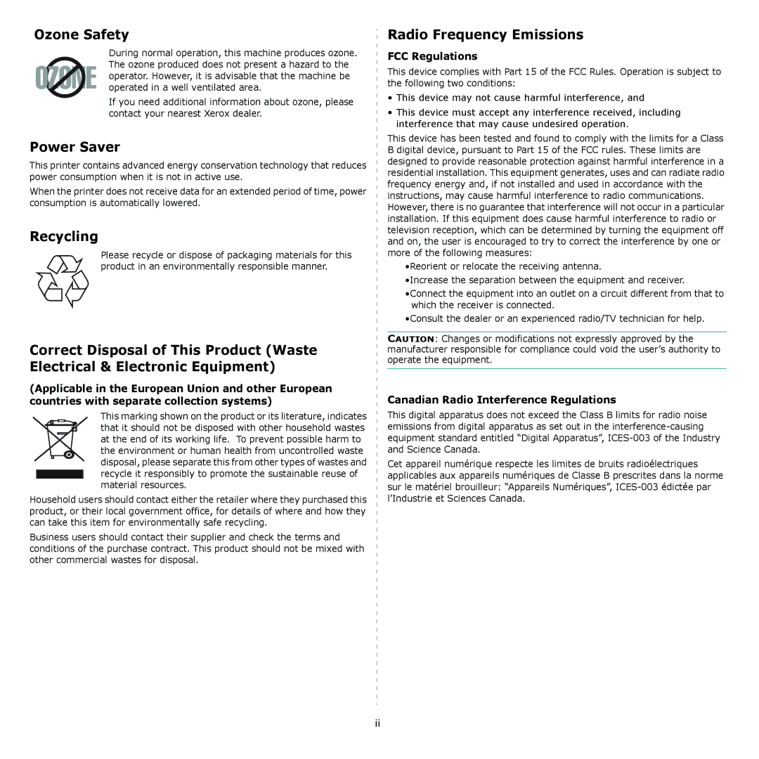 Xerox 6110 manual Ozone Safety, Power Saver, Recycling, Radio Frequency Emissions 