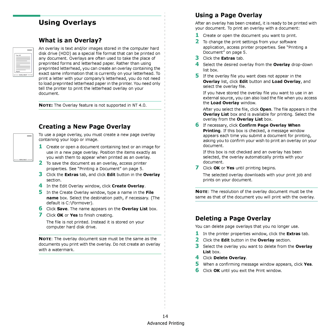 Xerox 6110 Using Overlays, What is an Overlay?, Using a Page Overlay, Creating a New Page Overlay, Deleting a Page Overlay 