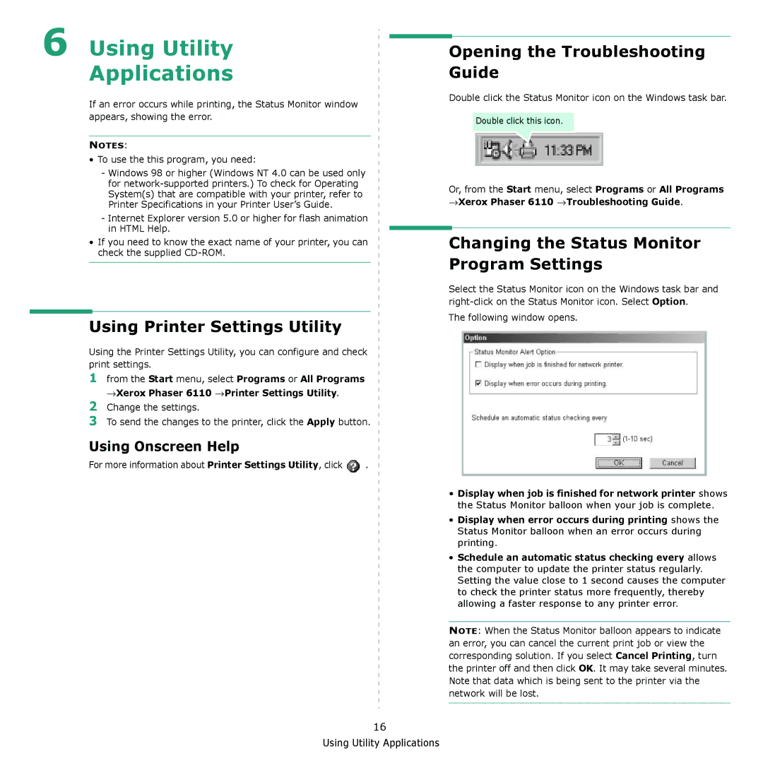 Xerox 6110 manual Using Utility Applications, Using Printer Settings Utility, Opening the Troubleshooting Guide 