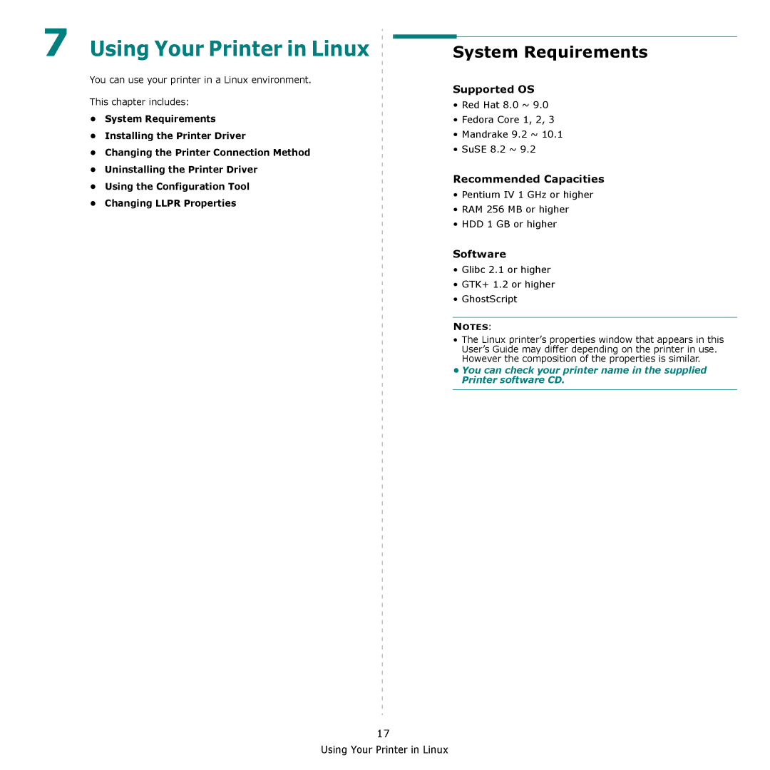 Xerox 6110 manual Using Your Printer in Linux, System Requirements, Supported OS, Recommended Capacities, Software 