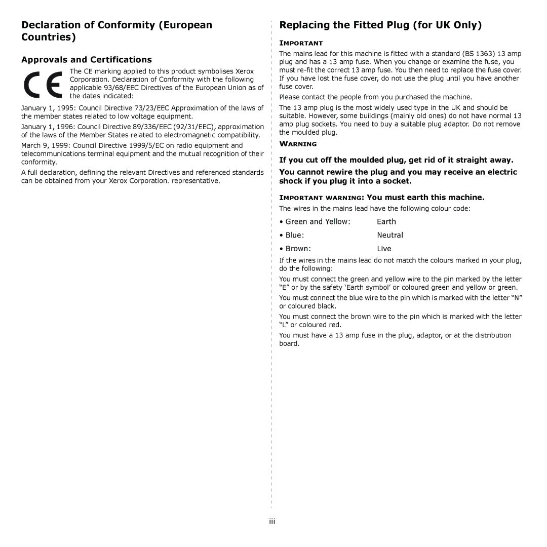 Xerox 6110 manual Declaration of Conformity European Countries, Replacing the Fitted Plug for UK Only, Neutral 