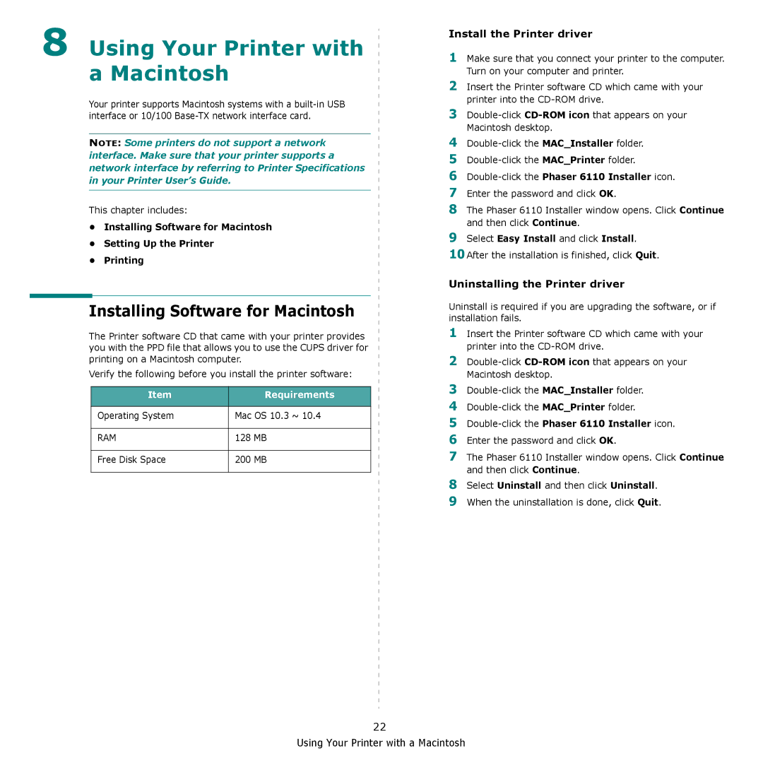 Xerox 6110 manual Using Your Printer with a Macintosh, Installing Software for Macintosh, Install the Printer driver 