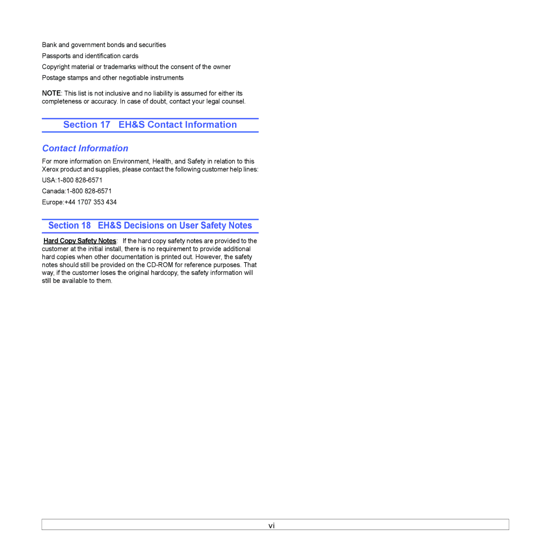 Xerox 6110MFP manual EH&S Contact Information, EH&S Decisions on User Safety Notes 