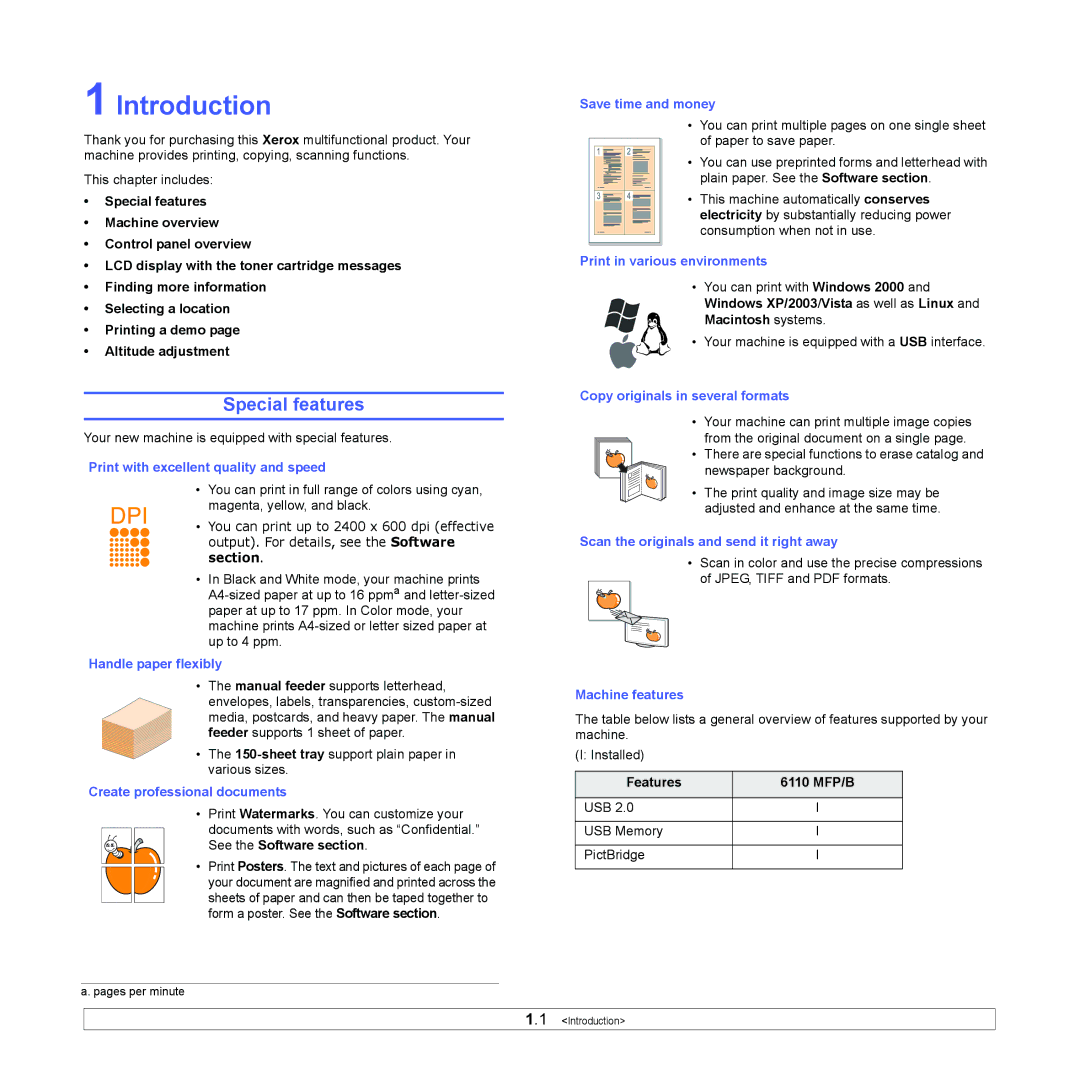 Xerox 6110MFP manual Introduction, Special features, Macintosh systems, Features 6110 MFP/B 