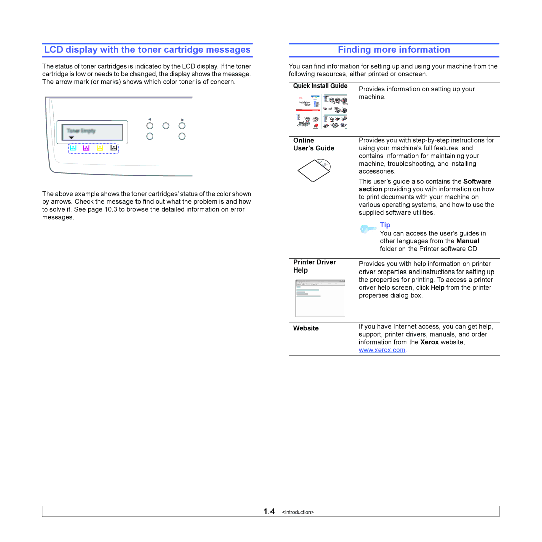 Xerox 6110MFP manual LCD display with the toner cartridge messages, Finding more information 