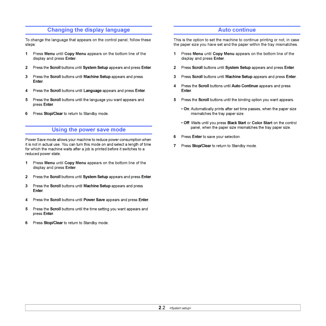 Xerox 6110MFP manual Changing the display language, Using the power save mode, Auto continue 