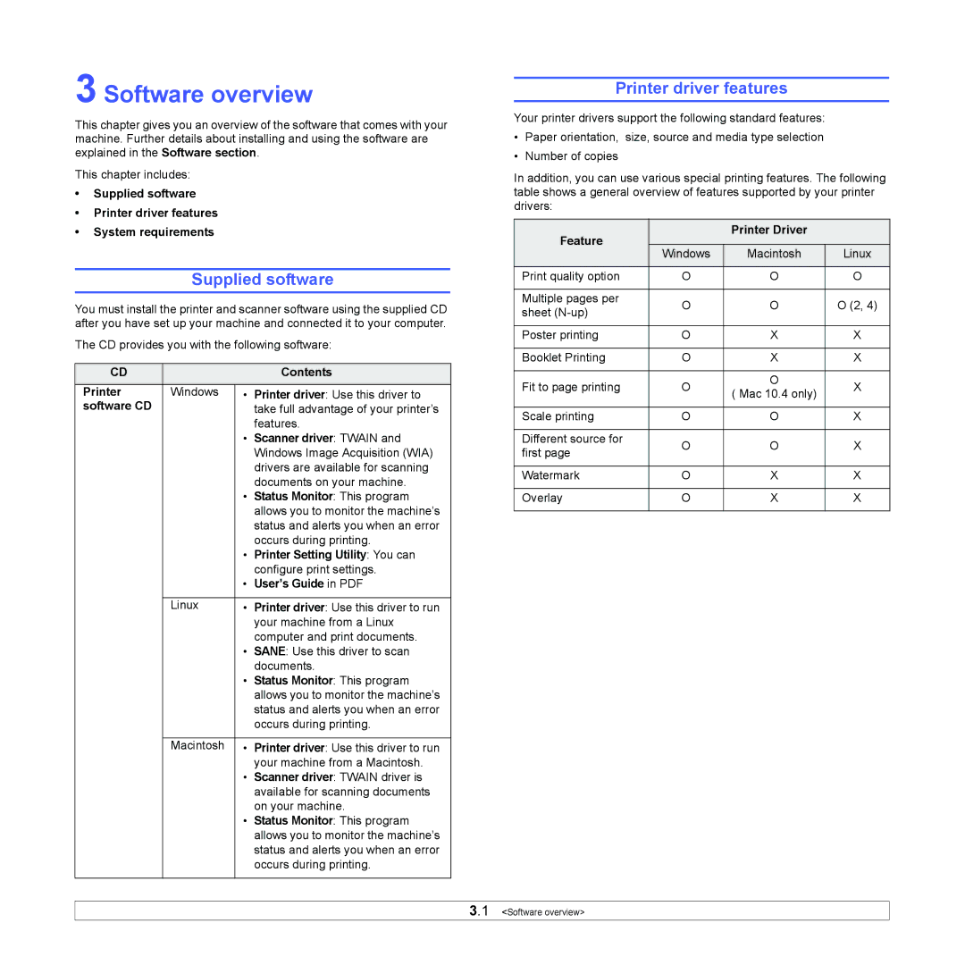 Xerox 6110MFP manual Software overview, Supplied software, Printer driver features 