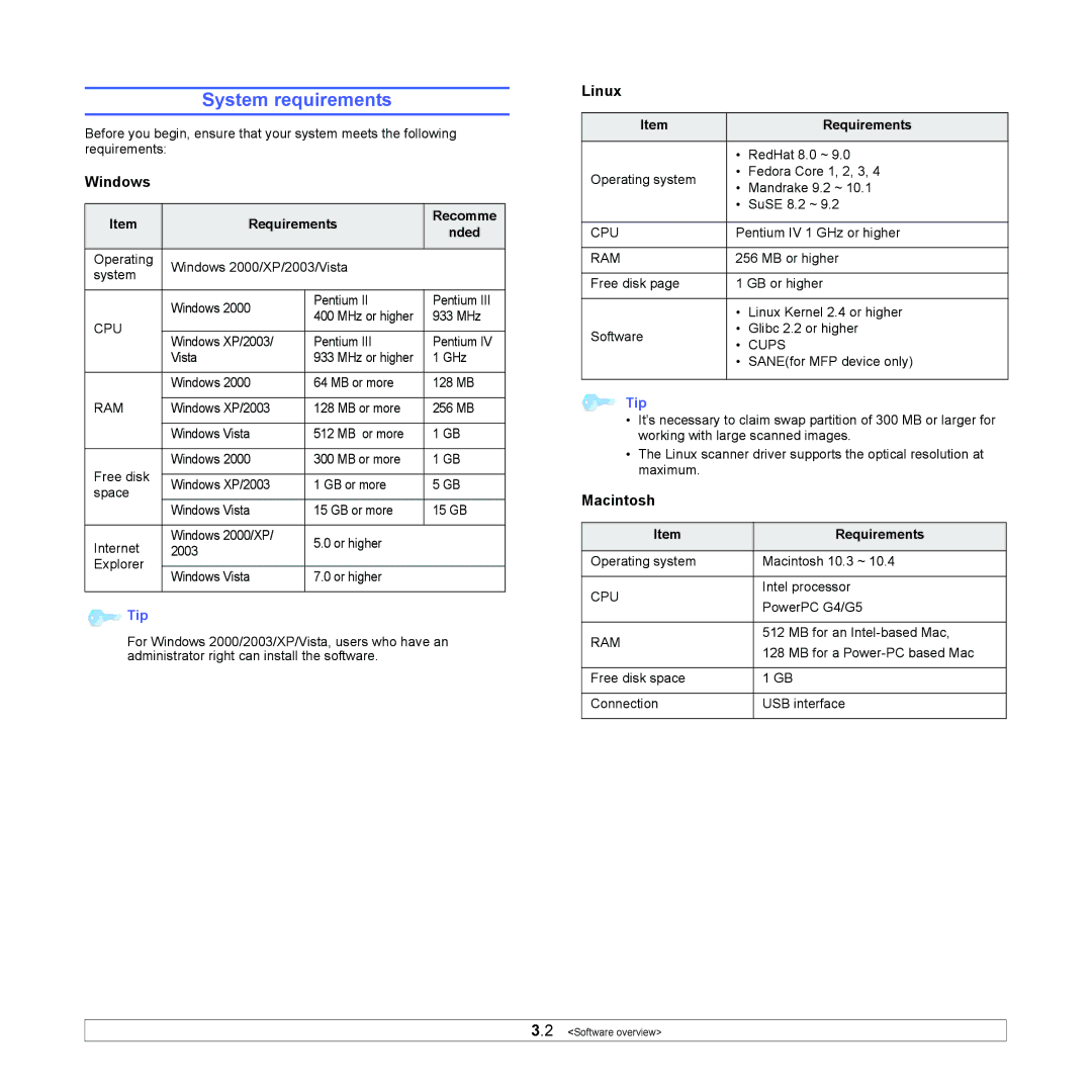 Xerox 6110MFP manual System requirements, Windows, Linux, Macintosh 