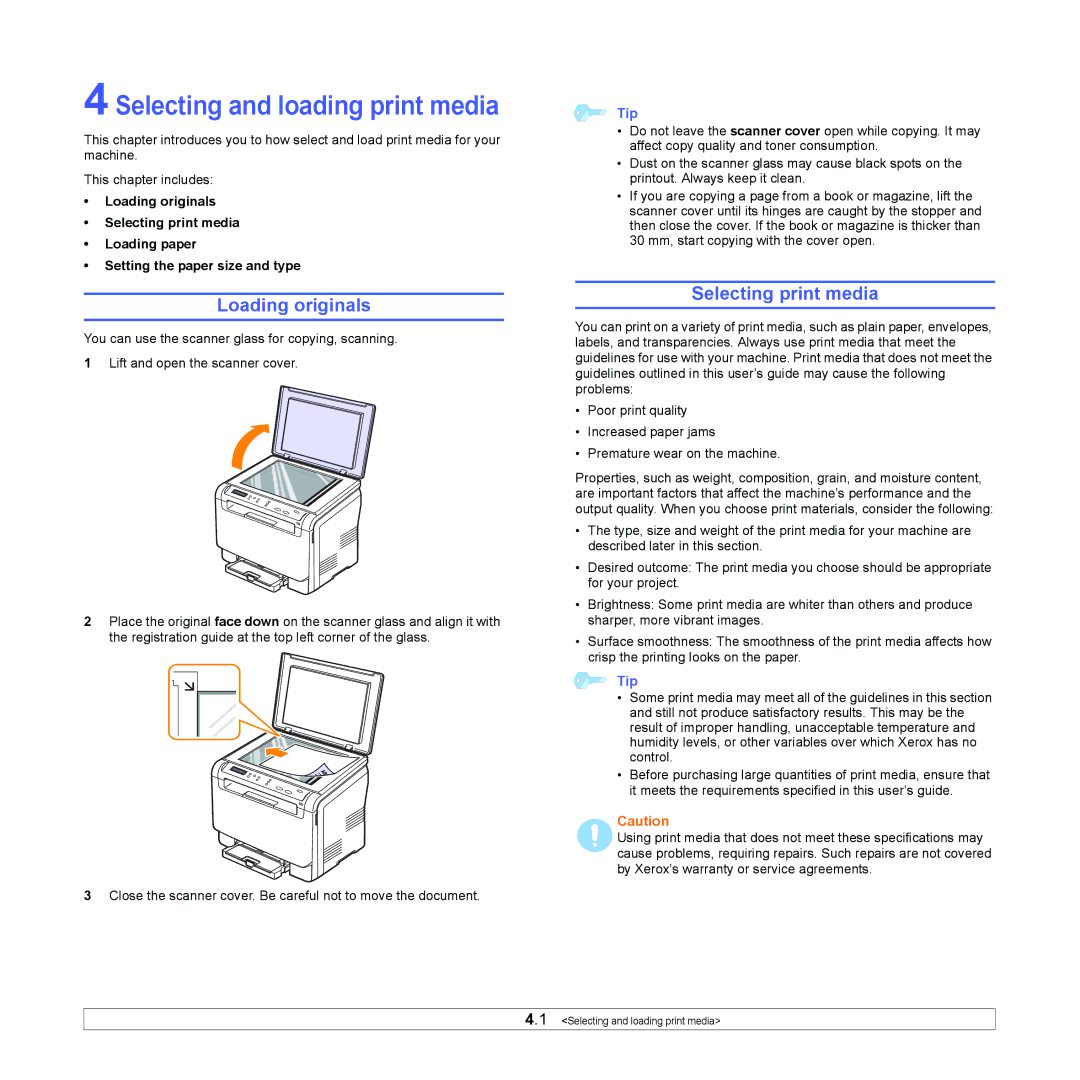 Xerox 6110MFP manual Selecting and loading print media, Loading originals, Selecting print media 