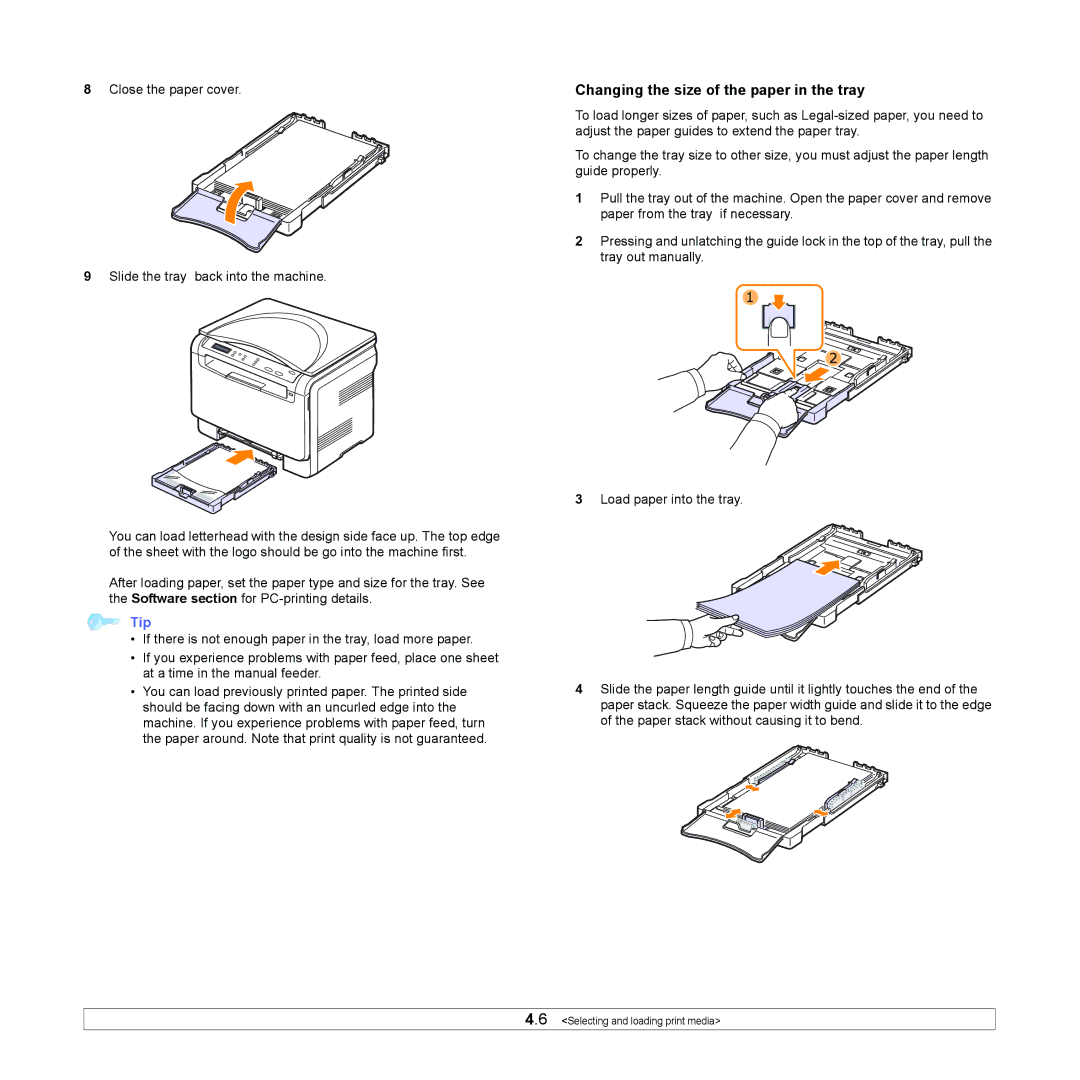 Xerox 6110MFP manual Changing the size of the paper in the tray, Close the paper cover Slide the tray back into the machine 