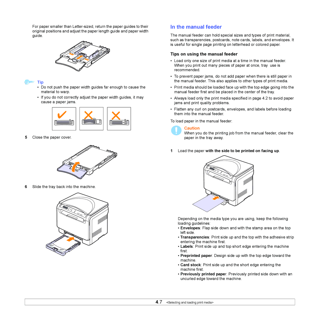 Xerox 6110MFP Manual feeder, Tips on using the manual feeder, Load the paper with the side to be printed on facing up 