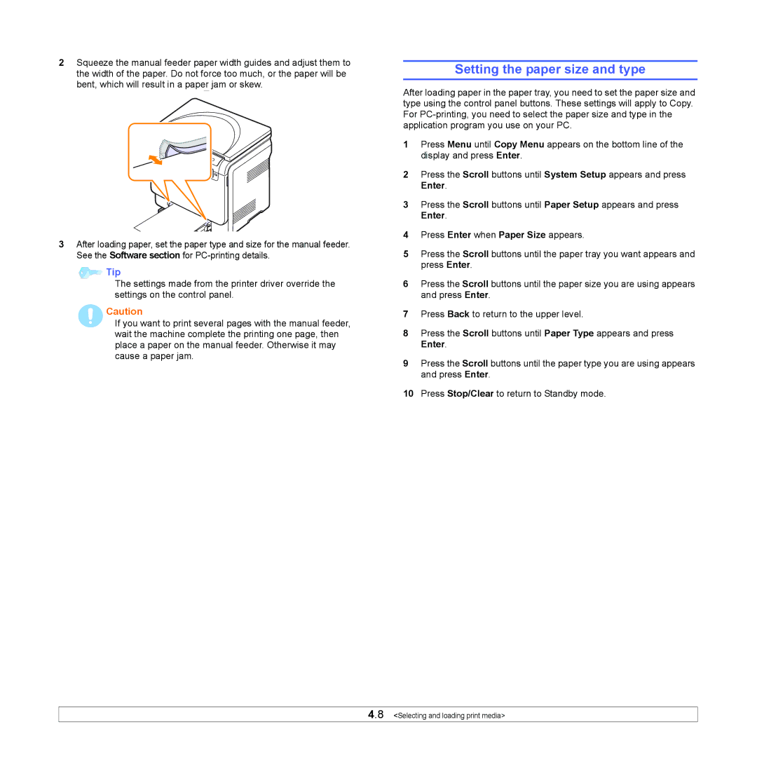 Xerox 6110MFP manual Setting the paper size and type 