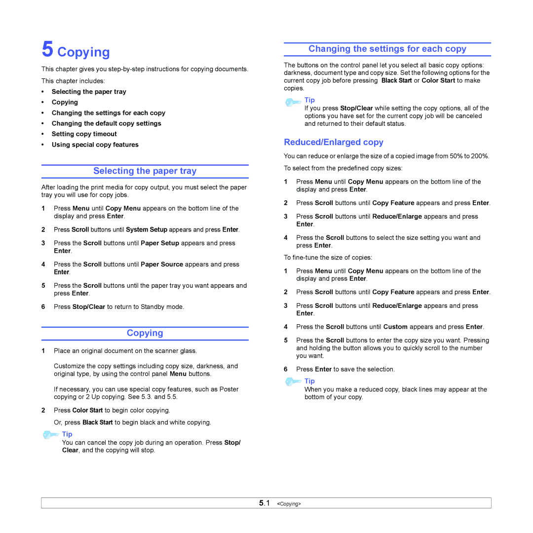 Xerox 6110MFP manual Copying, Selecting the paper tray, Changing the settings for each copy, Reduced/Enlarged copy 