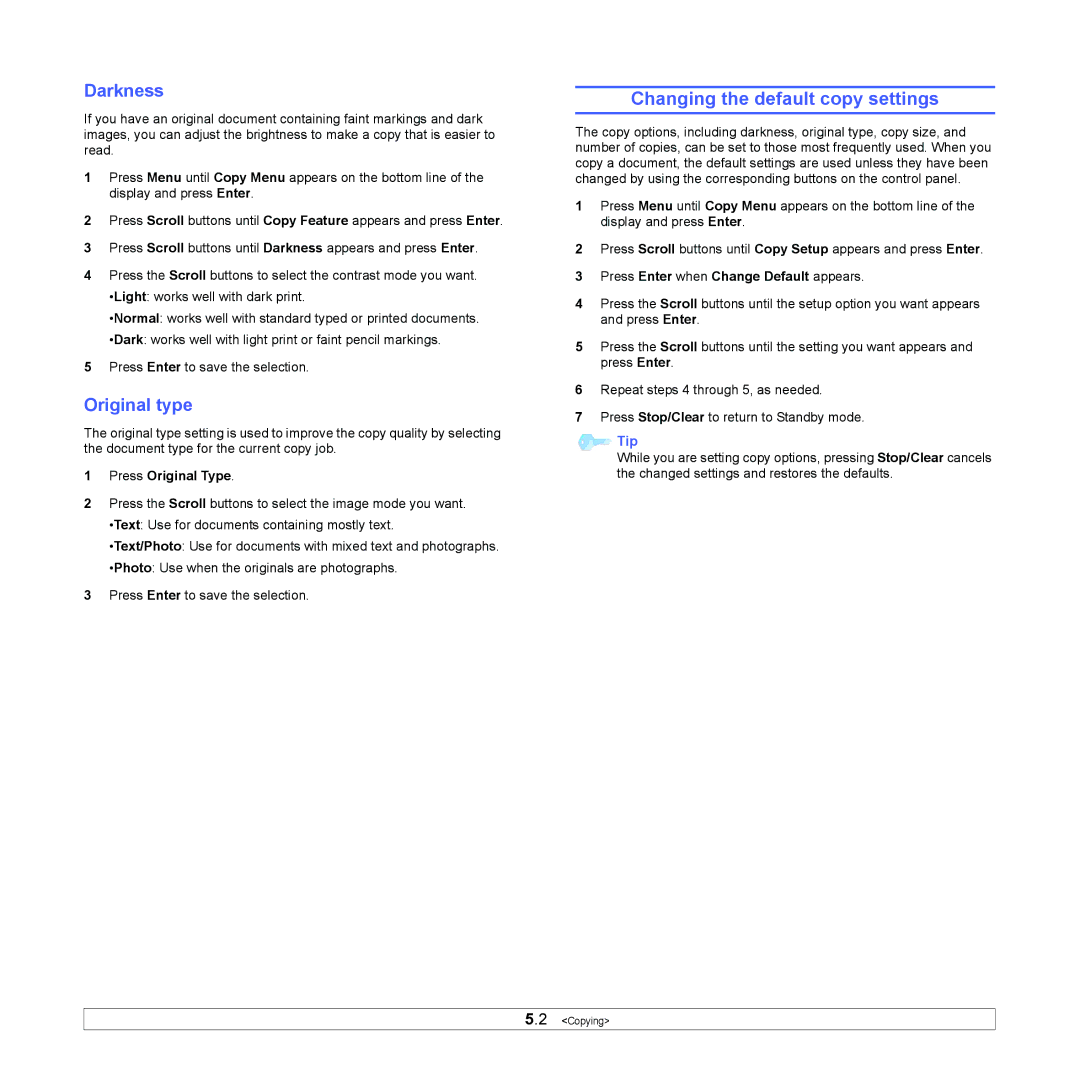 Xerox 6110MFP manual Changing the default copy settings, Darkness, Original type, Press Original Type 