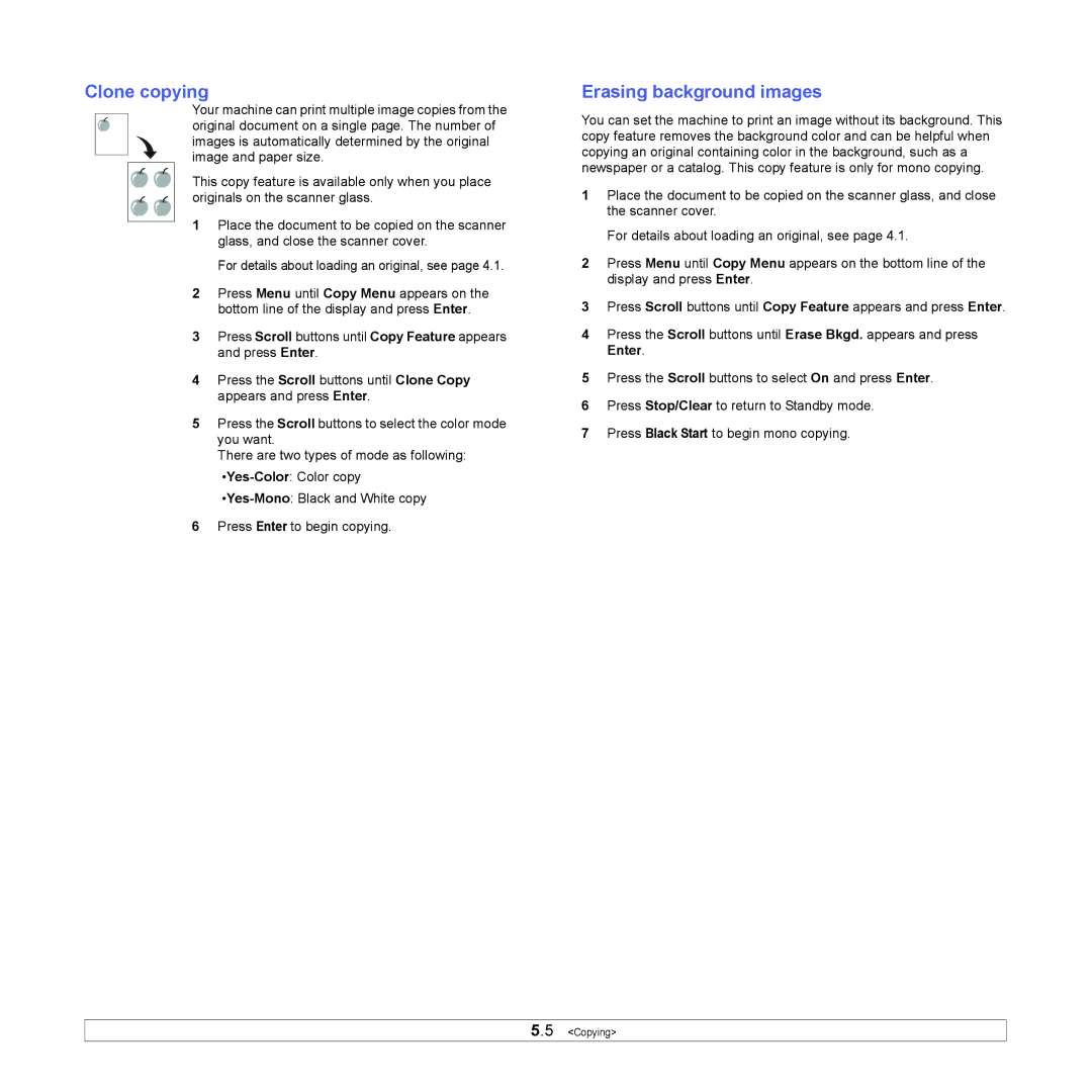 Xerox 6110MFP manual Clone copying, Erasing background images 