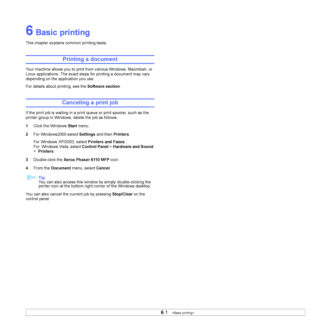 Xerox 6110MFP manual Basic printing, Printing a document, Canceling a print job 