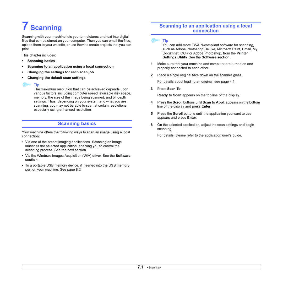 Xerox 6110MFP manual Scanning basics, Scanning to an application using a local Connection 