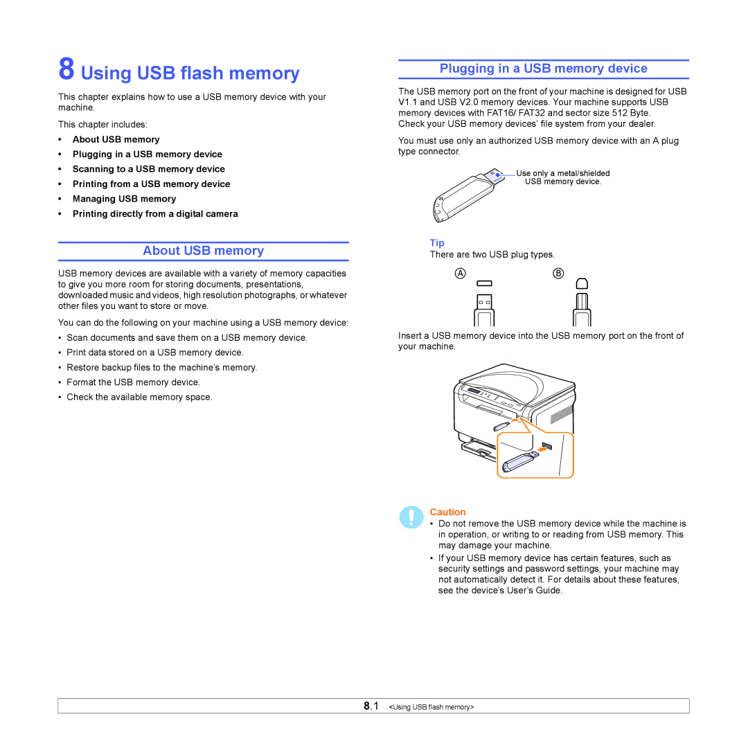 Xerox 6110MFP manual Using USB flash memory, About USB memory, Plugging in a USB memory device 