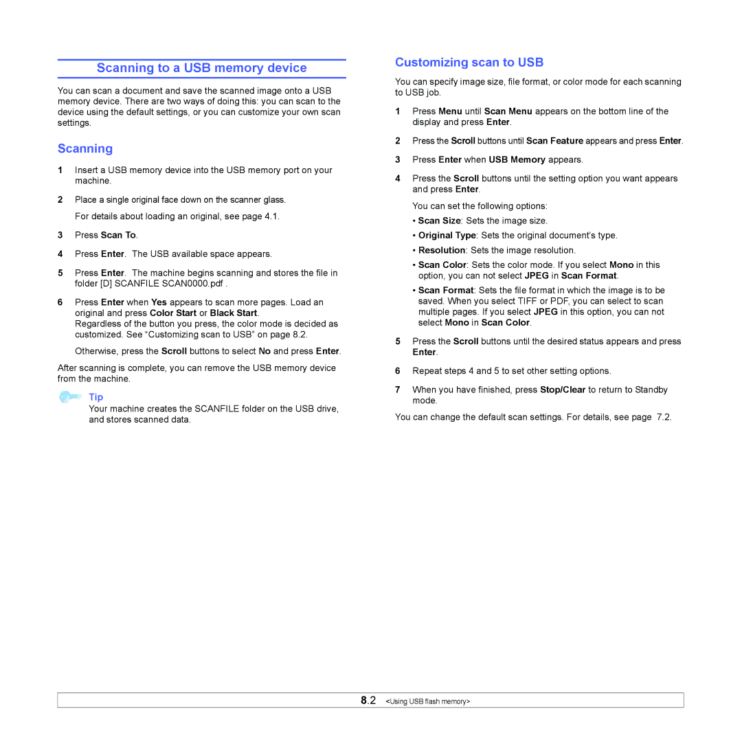 Xerox 6110MFP manual Scanning to a USB memory device, Customizing scan to USB 