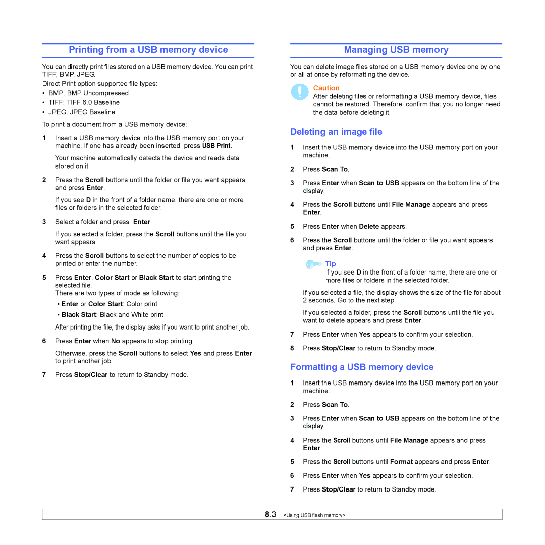 Xerox 6110MFP manual Printing from a USB memory device, Managing USB memory, Deleting an image file 