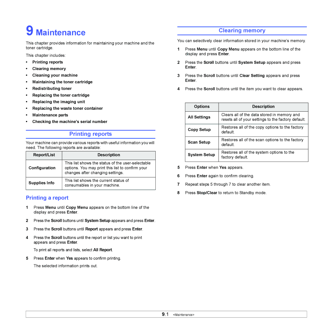 Xerox 6110MFP manual Maintenance, Printing reports, Clearing memory, Printing a report 