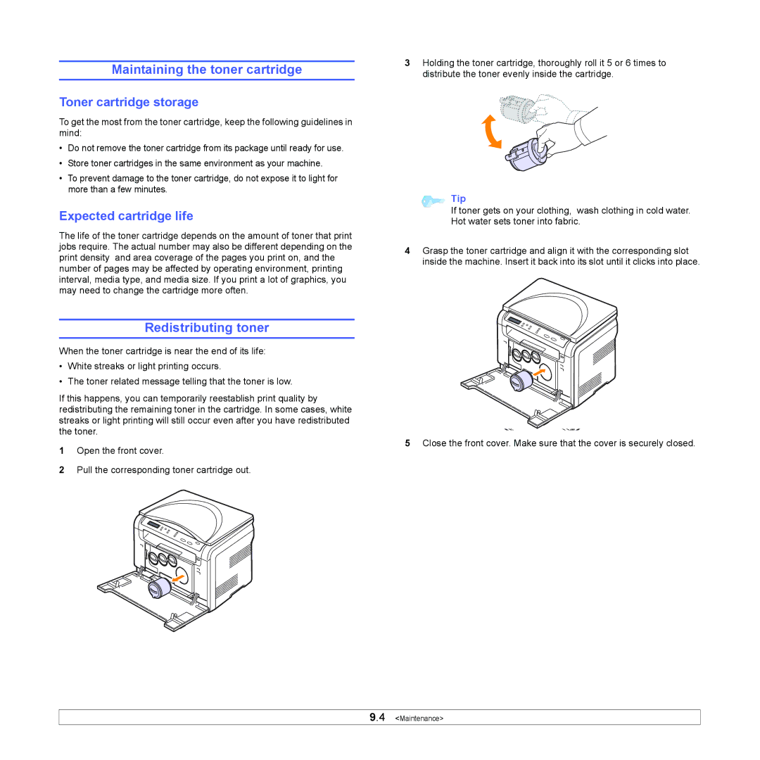 Xerox 6110MFP Maintaining the toner cartridge, Redistributing toner, Toner cartridge storage, Expected cartridge life 