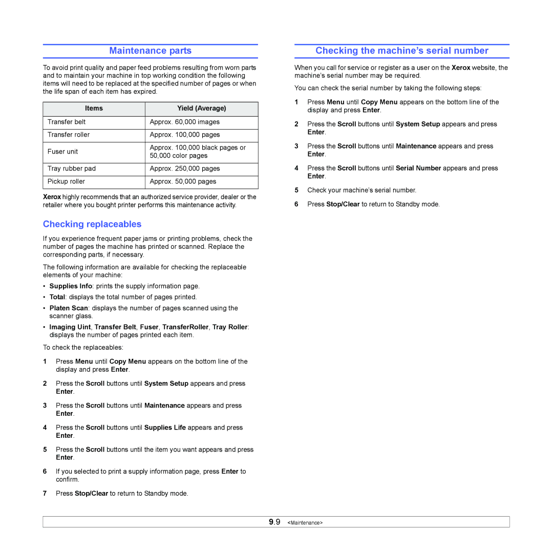 Xerox 6110MFP manual Maintenance parts, Checking the machine’s serial number, Checking replaceables, Items Yield Average 