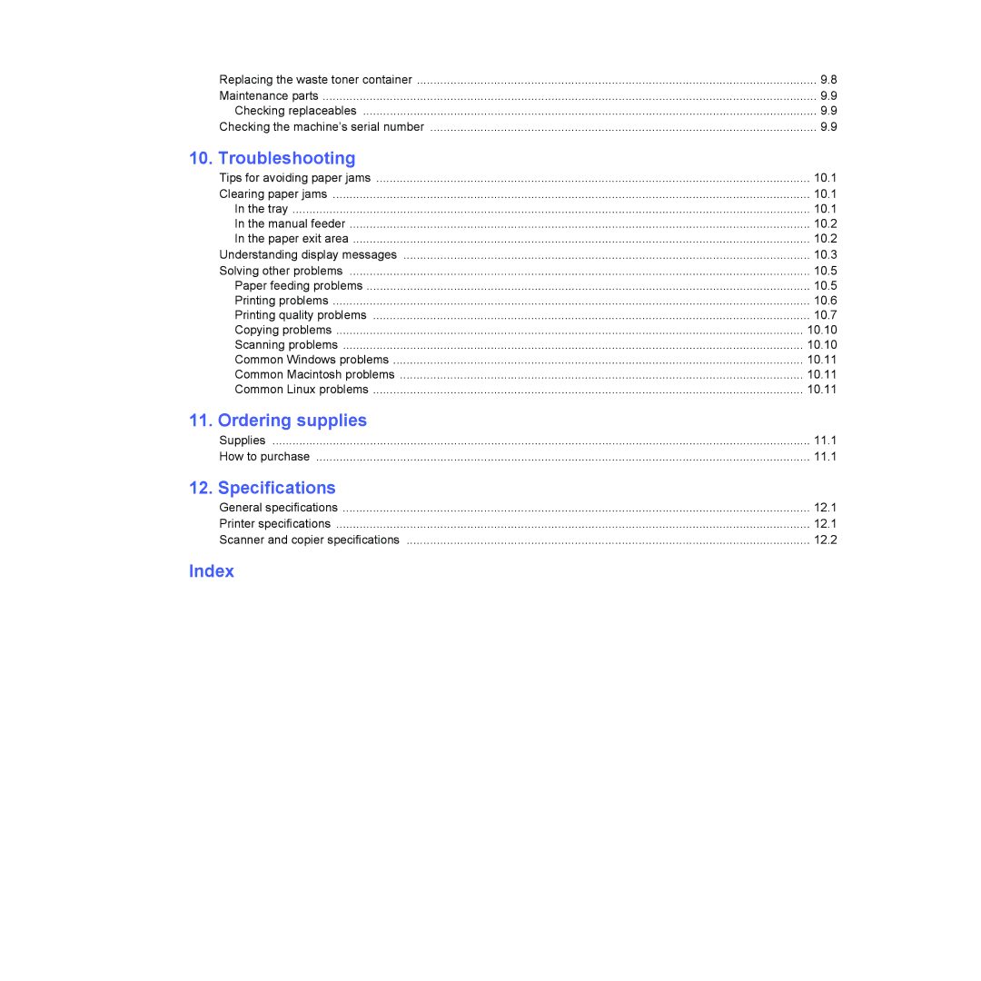 Xerox 6110MFP manual Troubleshooting, Ordering supplies, Specifications, Index 