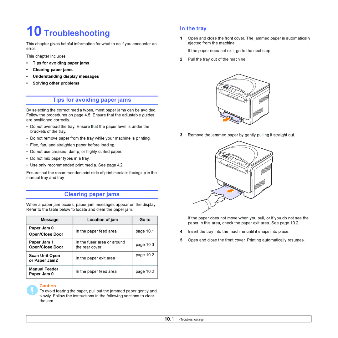 Xerox 6110MFP manual Troubleshooting, Tips for avoiding paper jams, Clearing paper jams 