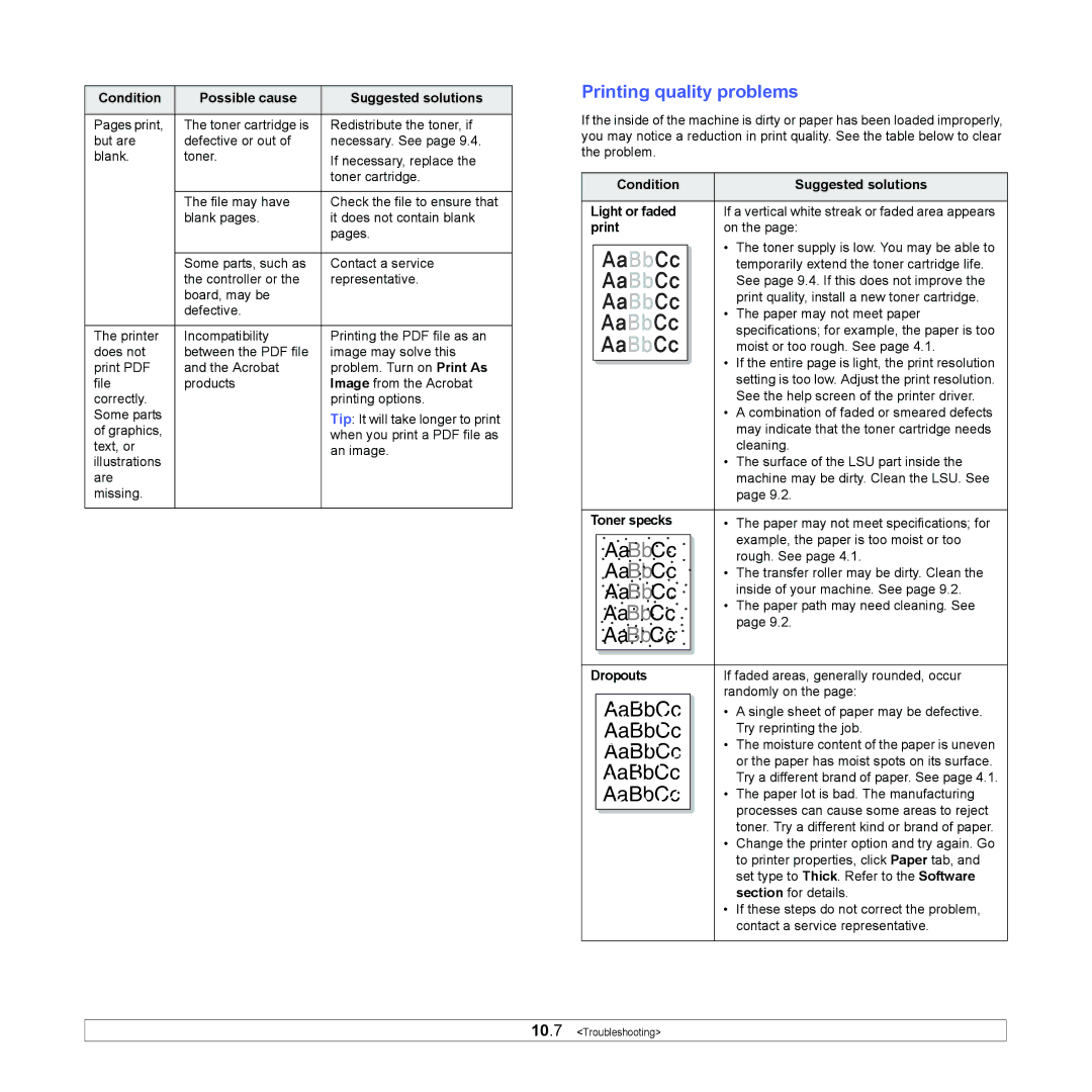 Xerox 6110MFP manual Printing quality problems, Toner specks, Dropouts 