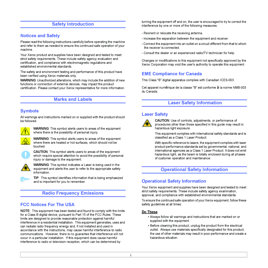 Xerox 6110MFP manual Safety Introduction, Marks and Labels, Radio Frequency Emissions, Laser Safety Information 