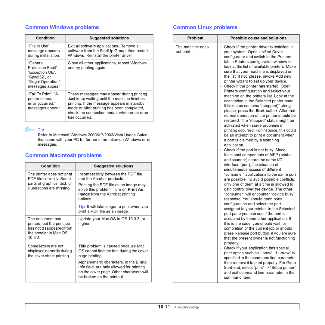 Xerox 6110MFP manual Common Windows problems, Common Macintosh problems, Common Linux problems 