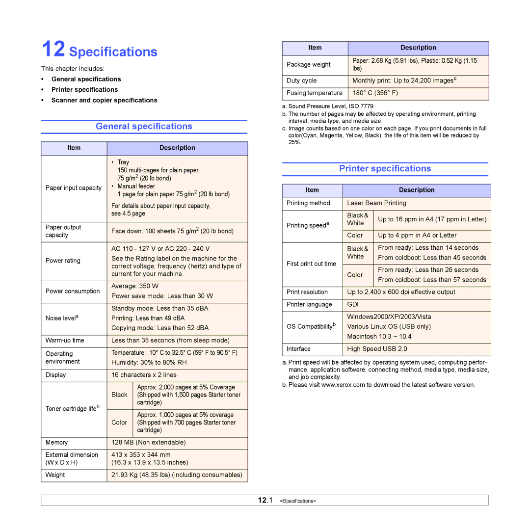 Xerox 6110MFP manual Specifications, General specifications, Printer specifications 