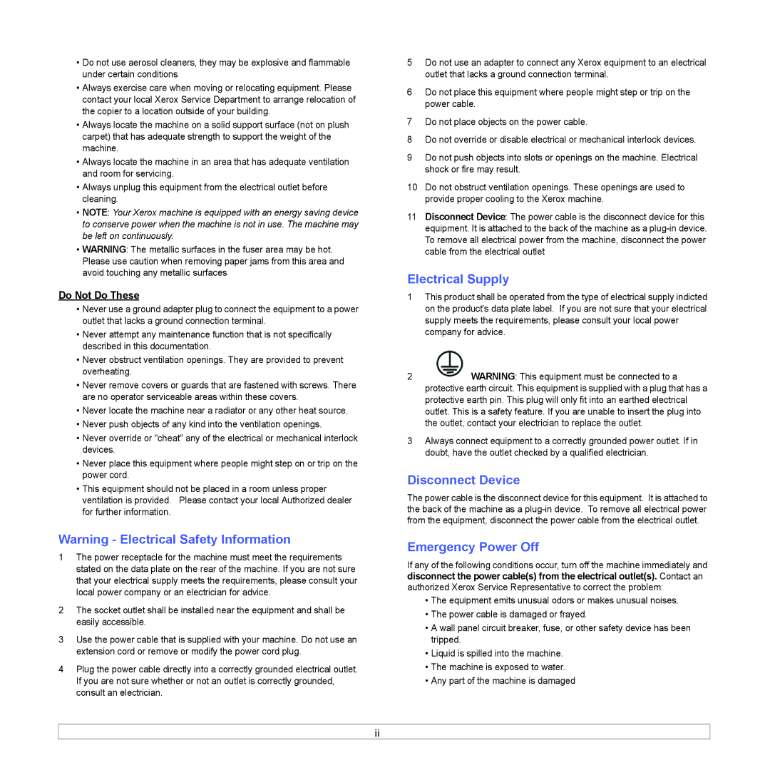 Xerox 6110MFP manual Electrical Supply, Disconnect Device, Emergency Power Off, Do Not Do These 