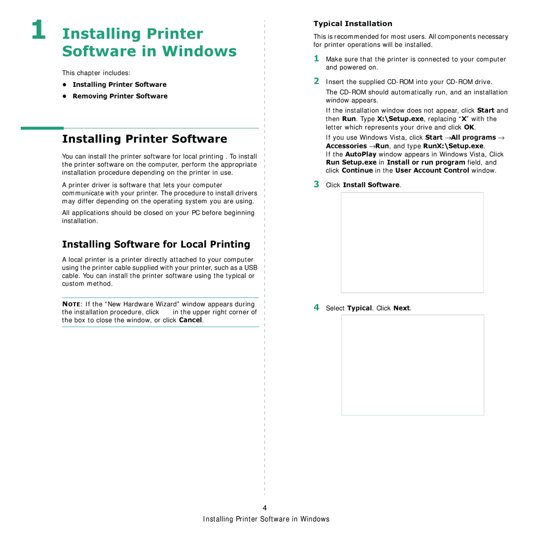 Xerox 6110MFP manual Installing Printer Software, Installing Software for Local Printing, Typical Installation 