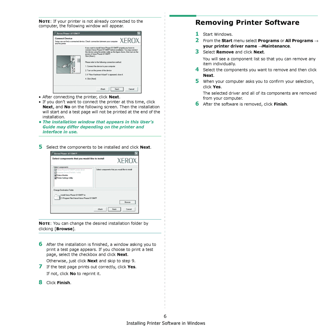 Xerox 6110MFP manual Removing Printer Software, Select the components to be installed and click Next 