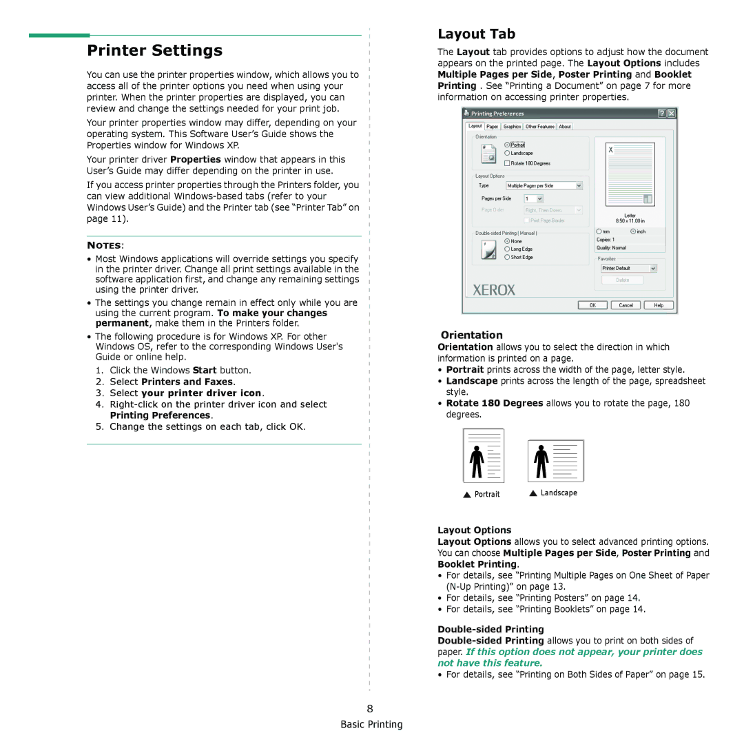 Xerox 6110MFP manual Printer Settings, Layout Tab, Orientation 