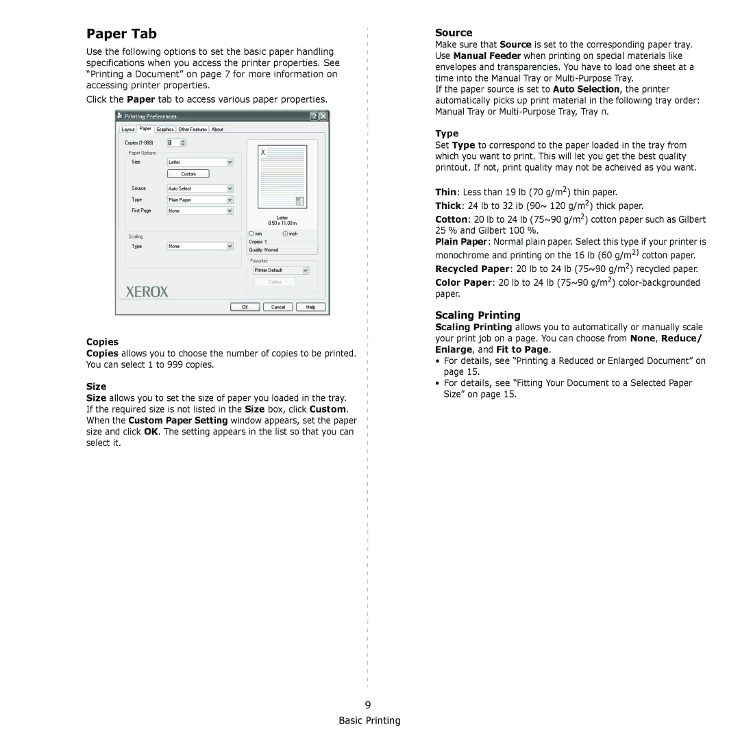 Xerox 6110MFP manual Paper Tab, Source, Scaling Printing 