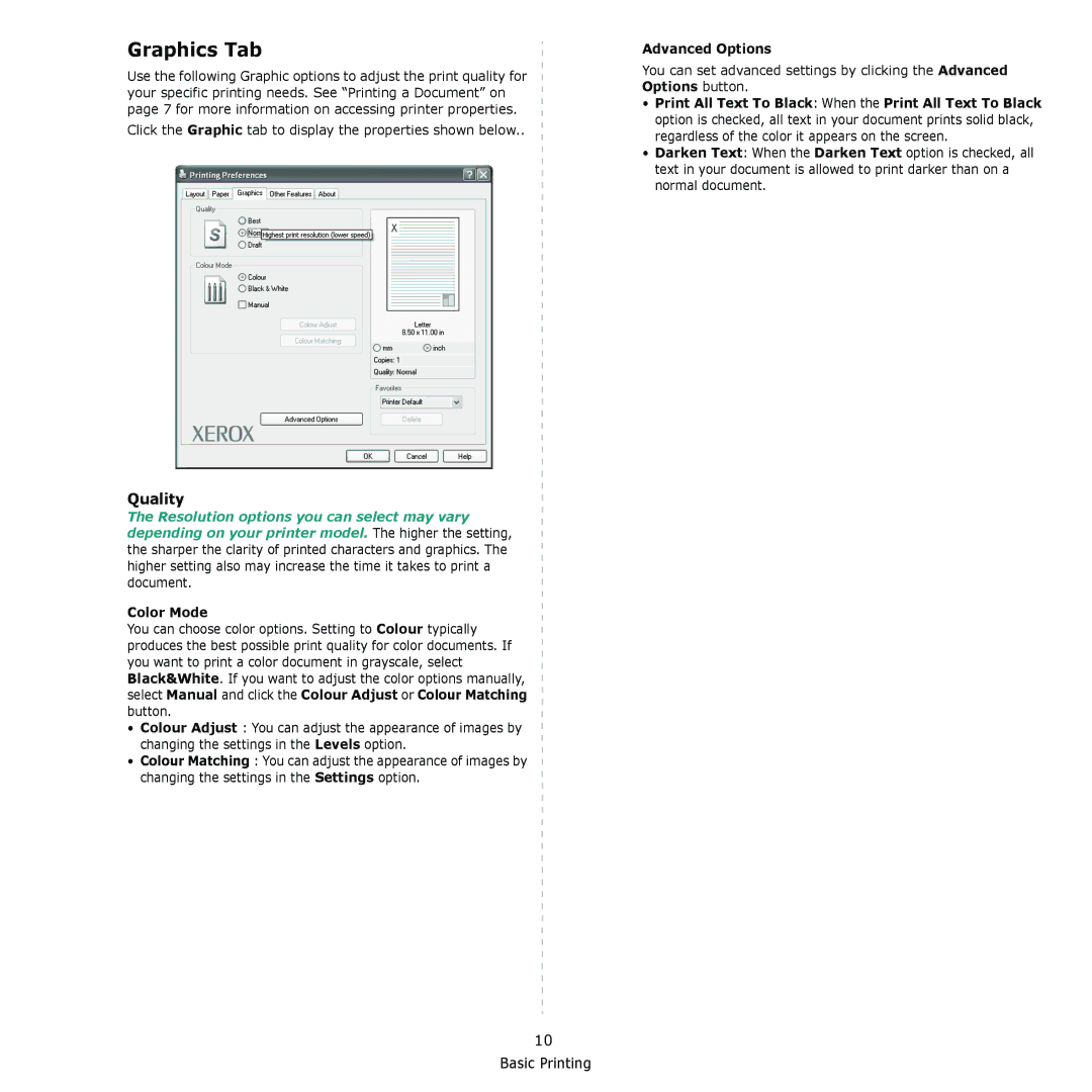 Xerox 6110MFP manual Graphics Tab, Quality, Color Mode, Advanced Options 