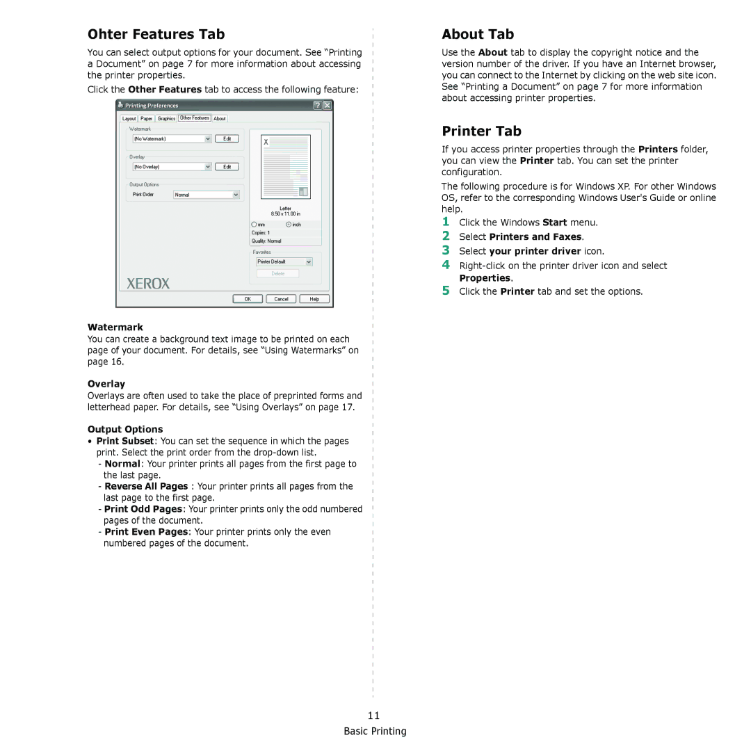 Xerox 6110MFP manual Ohter Features Tab, About Tab, Printer Tab 