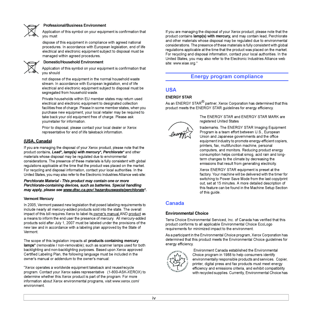 Xerox 6110MFP manual Energy program compliance, USA, Canada, Environmental Choice 