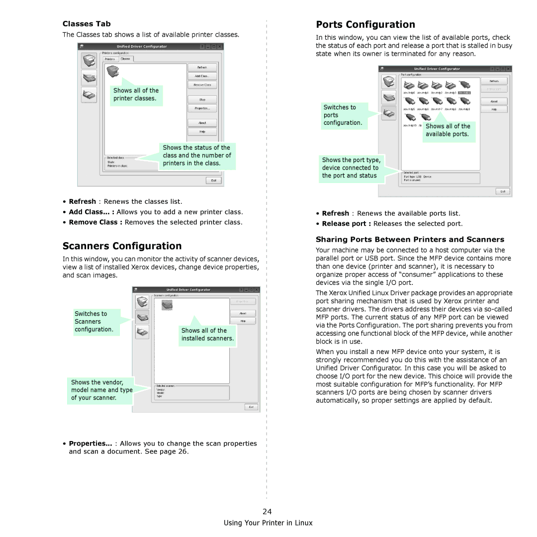 Xerox 6110MFP manual Scanners Configuration, Ports Configuration, Classes Tab, Sharing Ports Between Printers and Scanners 